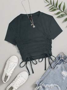 SHEIN Unity Women's Solid Color Crew Neck Short Sleeve Drawstring Casual Versatile T-Shirt - Light Grey - View 1