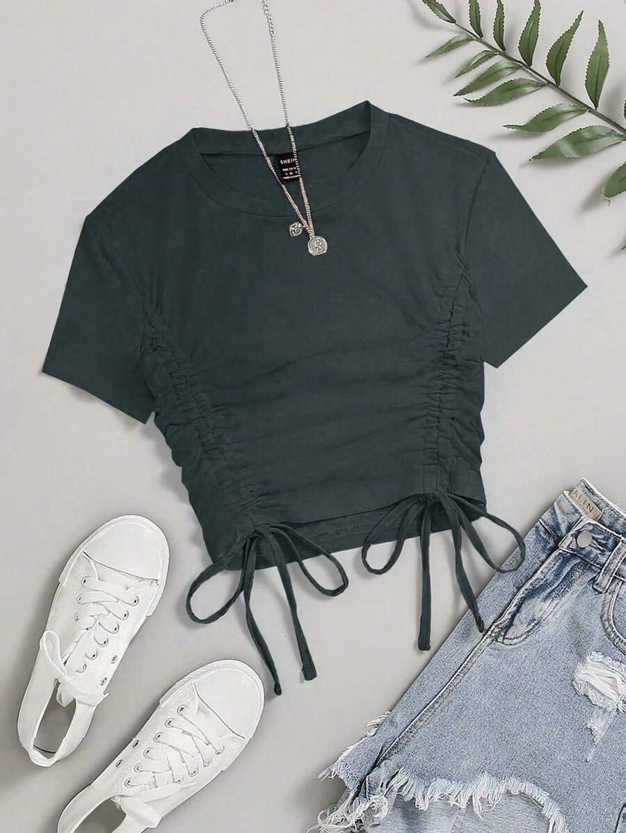 SHEIN Unity Women's Solid Color Crew Neck Short Sleeve Drawstring Casual Versatile T-Shirt - Light Grey - View 1