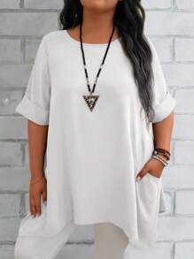 EMERY ROSE Damen Große Größen Sommer Blau Rundhals Kurzarm Doppeltasche Locker Lässig Mutter Shirts Damen Sommer Shirts