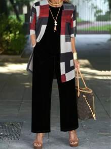 Set de 3 piezas: Chaqueta casual de mujer con estampado de pespuntes, top liso y pantalones - Negro - Ver 1