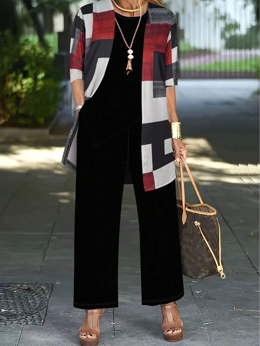 Set de 3 piezas: Chaqueta casual de mujer con estampado de pespuntes, top liso y pantalones - Negro - Ver 1
