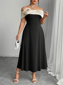 Elenzga Plus Size Women Black & Beige Off-Shoulder Dress With Waist Shaping, Formal Spring Dress - Black and White - View 5