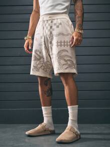 AXEPEAK Pantalones cortos casuales de media longitud con estampado digital y cinturilla con cordón para hombres