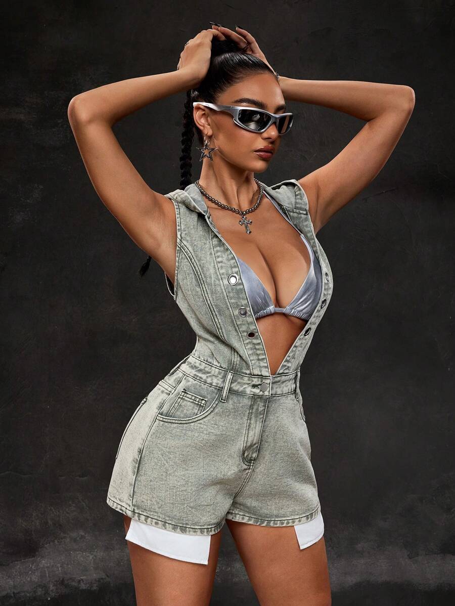 SHEIN ICON Women's Solid Color Sexy Hooded Denim Jumpsuit, Suitable For Summer - Army Green - View 1