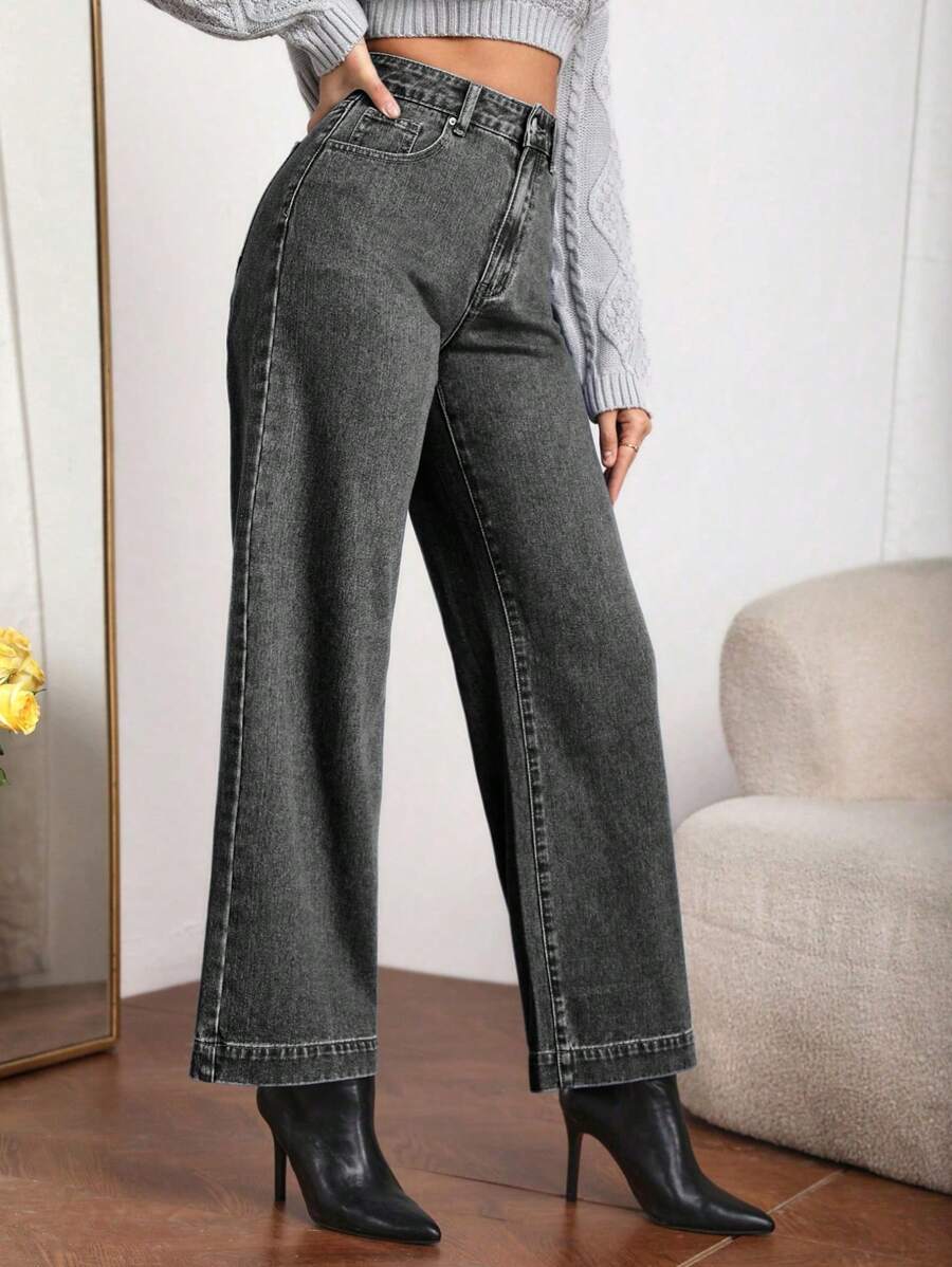 SHEIN Essnce 女士休闲日常水洗斜口袋直筒牛仔裤 - 淺灰色 - 查看 1