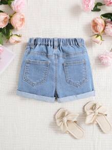 SHEIN Young Girl Spring Summer Boho High Waisted Elastic Waist Ripped Jeans Washed Denim Shorts - Light Wash - View 2