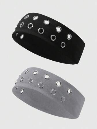 Grunge Punk 2pcs Punk Style Hollow Out Gray & Black Headbands, Dark Minimalist Ornament, Versatile Daily Accessories Hair Band Turban Headband Sweatband
