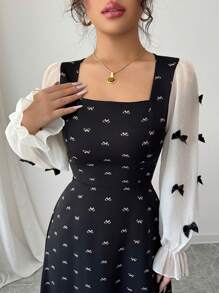 Modelyn Women's Woven Patchwork Bow Detail Long Sleeve Fitted Extra Long Dress