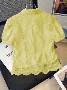 GlowEve Women Simple Solid Color Front Button Casual Short Sleeve Blouse - Yellow - View 2