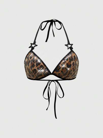 J-Fashion Brassière motif léopard avec sequins dans le style sous-culture Y2K de Shibuya