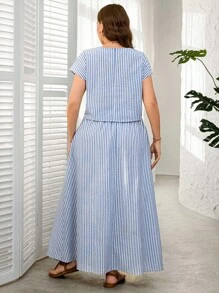 SHEIN LUNE 2pcs Plus Size Women Striped Short Sleeve Round Neck Top And Skirt Set