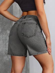 SHEIN Tall Women's Casual Black Denim Shorts: Zipper Detail High-Waisted Short Jeans For Summer - Black - View 7