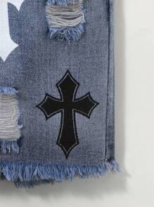 DENIMLY YOUNG BOY 时尚破洞喷漆小马个性印花百搭通勤休闲街头复古浅色水洗毛边破洞修身牛仔短裤，松紧腰带，纽扣开合 - 淺色水洗藍 - 查看 3