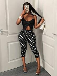 BamGleam Quần legging bó cạp chun in họa tiết chấm bi cho nữ - Đen và trắng - Xem 6