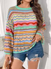 Flirla Holiday Contrast Color Hollow-Out Plus Size Knit Sweater, Plus Size Knit Pullover Fall Winter - Mint Green - View 6