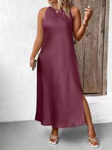 SHEIN Clasi 加大码纯色圆领开衩下摆无袖夏季长款缎面连衣裙女装 - 紫色 - 查看 1