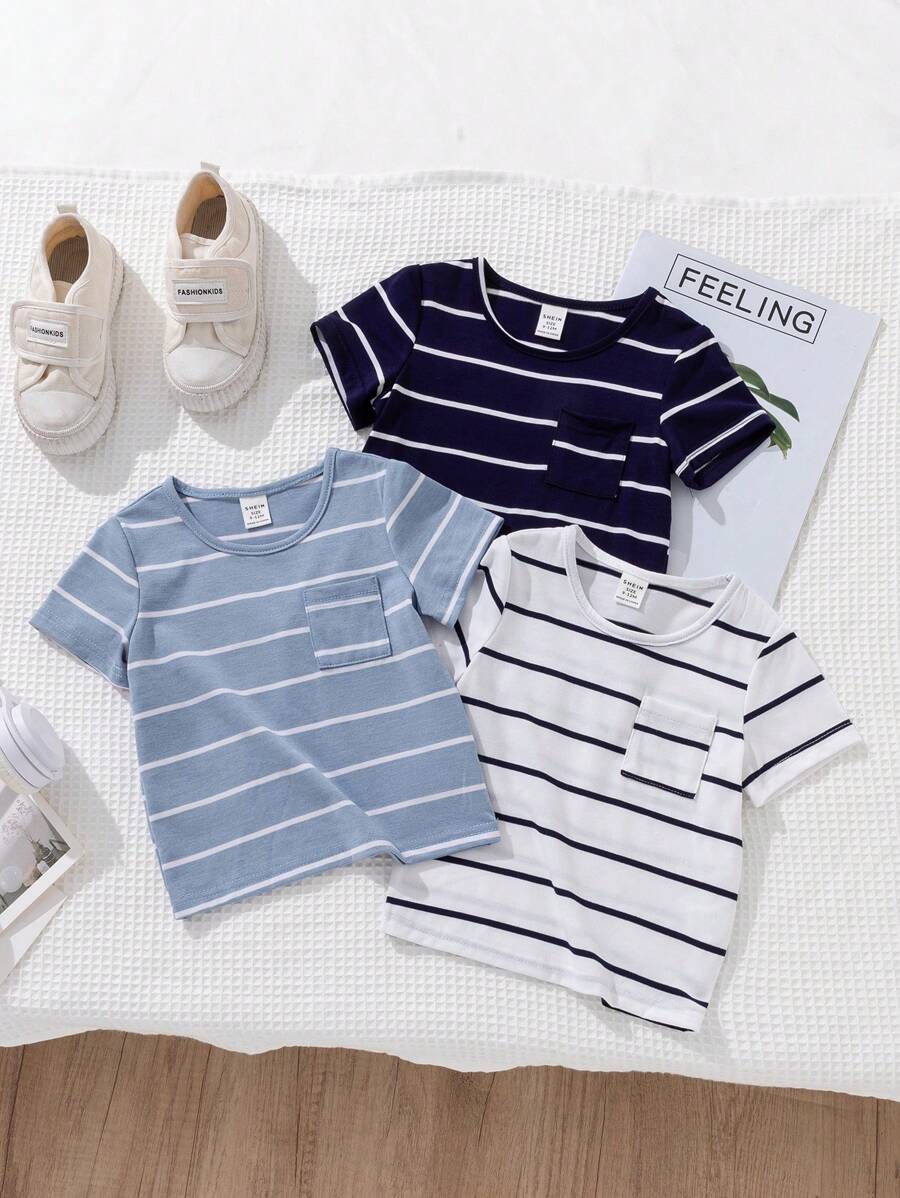 SHEIN Playful Pals Bộ 3 áo sọc Unisex cho bé trai/bé gái, màu đen, xám, trắng phù hợp với mọi dịp trong mùa hè - Nhiều màu - Xem 1