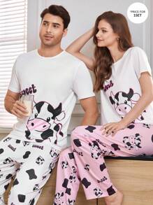CoupledUp Pijama de verano para hombre con top de manga corta y shorts cómodos con estampado de vaca