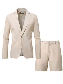 Manfinity Bizformal Solid Color Business Casual Long Sleeve Blazer & Pocket Shorts Suit Set Casual Suits For Men