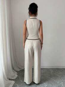 Chiquease 2pcs/Set Women Casual Contrast Color Splice Shirt And Long Pants, Simple Commuter Style, Spring/Summer - Apricot - View 2