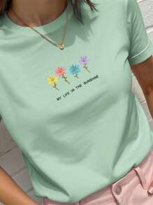 INAWLY Camiseta de manga corta con cuello redondo, estampado de lema y floral, tallas grandes para mujer