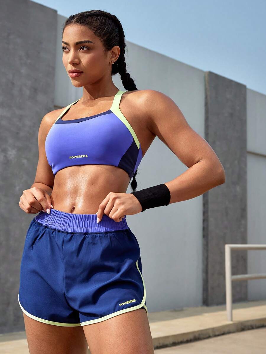 Powerista Women's Contrast Color Camisole And Elastic Waist Shorts Sports Suit Workout Women Sets - Purple - View 1