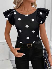SHEIN Clasi Polka Dot Round Neck Cap Sleeve Fitted Women T-Shirt Summer For Women Spring For Women Summer For Women Teacher For Women - Black and White - View 5
