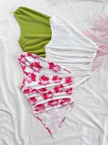 Soleia 女士优雅波西米亚热带不对称下摆纹理印花单肩针织衬衫，适合休闲、海滩婚礼、派对、春夏场合，如圣帕特里克节、春假、复活节、音乐节 - 彩色 - 查看 2