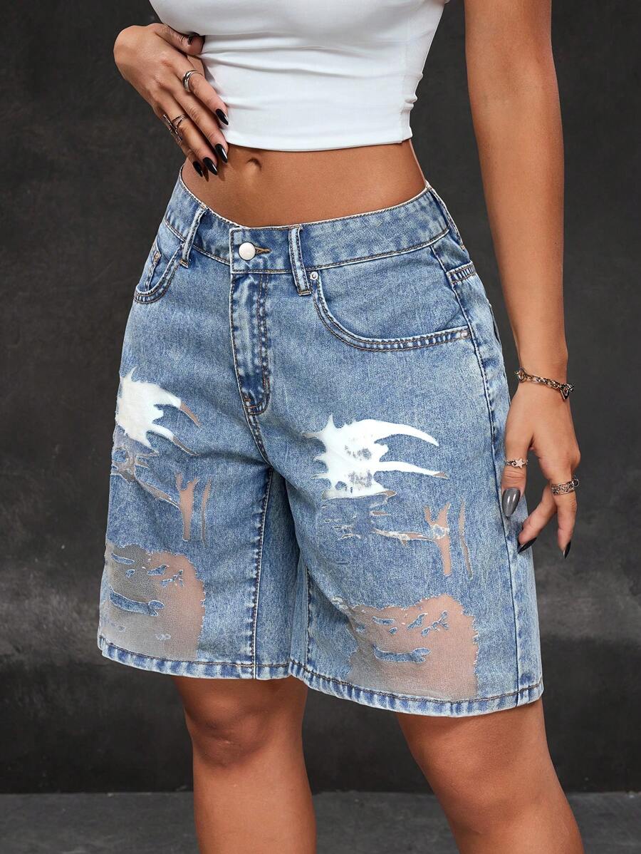 INAWLY INAWLY Women's Casual Blue Denim Bermuda Shorts With Ripped Detail And Zipper - Blue - View 1