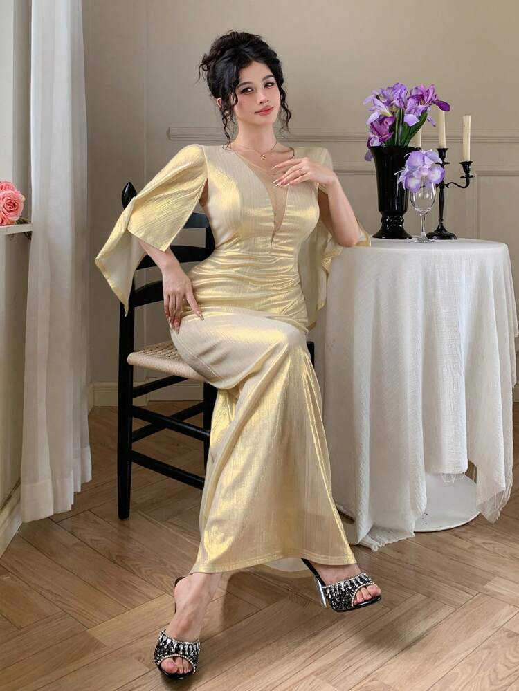Women's Elegant Mermaid Evening Gown With Ruffle Sleeves, Net Yarn Splicing, Sequin & Hollow Splice Design, Long Formal Dress For Wedding/Banquet