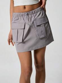 SHEIN EZwear 翻蓋口袋腰部抽繩工裝裙 - 灰色 - 查看 6