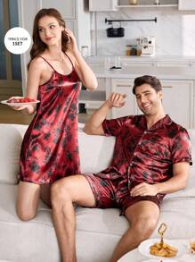 Elegant Floral Print Satin Men's Pajama Set - Burgundy - View 3