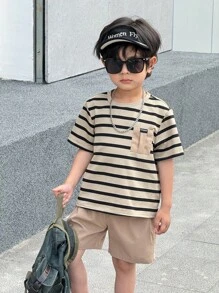 SHEIN 2pcs/Set Young Boys Casual Comfortable Versatile Striped Print Contrast Color Pocket Round Neck Short Sleeve T-Shirt And Plain Shorts Outfit - Brown - View 7