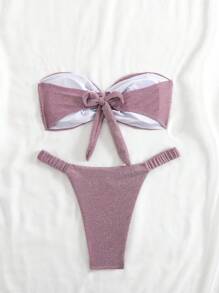 Swim Mod Bộ đồ bơi bikini bandeau màu trơn thắt nút hình trái tim dành cho nữ - Màu tím - Xem 2