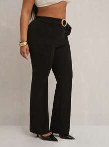 SHEIN SXY Plus Size Women's Spring & Summer Elegant Sexy Casual Solid Color Straight Legged Pants Flare Pants With Gold Chain Decoration Detail - Black - View 4