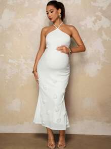 MaterniChic Maternity Solid Color 3D Floral Decor Fitted Elegant Halter Neck Dress Summer Outfits Elegant Maternity Baby Shower Dress Mermaid Baby Shower Maternity Dress For Photoshoot - White - View 3