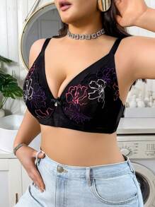 SHEIN Plus Size Elegant Floral Embroidery Underwire Lingerie Bra - Black - View 5