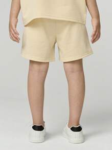 SHEIN Explorewe Young Girl Fashion Letter Print Lapel Short Sleeve Top And Loose Shorts Set,Summer Sport Back-To-School Classic Playful Design Outfit - Apricot - View 4