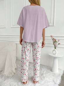 RueChic Cotton Women Love Print Pajama Set White Set - Lilac Purple - View 2