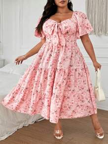 SHEIN CURVE+ 大码粉色可爱校园风格优雅浪漫度假百搭圆领荷叶边蝴蝶结后背 A 字宽松大袖长裙，春夏