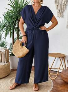 SHEIN Holidaya Elegante jumpsuit a tinta unita con scollo a V e pieghe sulla parte anteriore, per taglie curvy, stile casual da pendolare, adatto per primavera ed estate