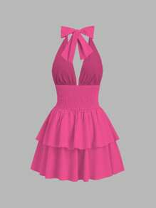 SHEIN Unity 1 件优雅纯色束腰露背吊带中长连衣裙 Y2K 装圣诞节派对连衣裙