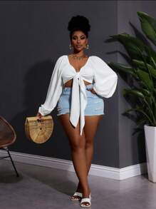 SHEIN CURVE+ 大码女式夏季系带休闲白色灯笼袖衬衫，曲线加大，波西米亚度假风 - 白色 - 查看 7