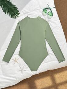 SHEIN Teen Girl Floral Hollow Raglan Sleeve One-Piece Swimsuit, Teen Swimsuits One Piece Long Sleeve - Green - View 2