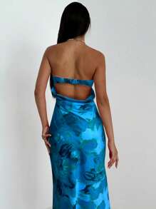 Firerie Women's Elegant Vacation Beach Romantic Open Back Floral Print Halter Maxi Dress - Green - View 2