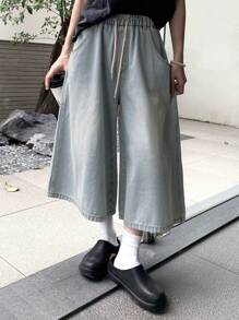 DAZY 女士夏季抽绳松紧腰七分直筒宽松休闲牛仔裤，宽松牛仔短裤 - 淺色水洗藍 - 查看 2