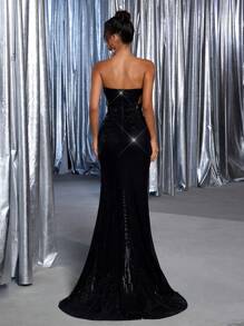 Glamrae Elegant & Luxurious Strapless Mermaid Dress With Waistline Mesh, Embroidery Lace Patchwork, Sequin, Elastic Ruched, Side Slit, Train Suitable For Wedding, Party, Banquet, Evening Gown (Heavily Embellished), Formal, For Wedding Guest, Valentine's Day - Black - View 4