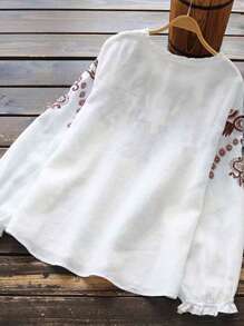 Plus Size Pattern Casual Button-Down Shirt, Bohemian Holiday Top - Brown - View 2