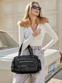 SHECARRY Vintage Motorcycle Bag High-Quality Tote Bag, Casual Commuter Punk Style Unisex Zipper Shoulder Crossbody Handbag