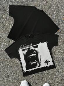 Manfinity Roghcode T-shirt décontracté à col rond, manches courtes, imprimé de lettres et de chiffres, ample et polyvalent, convient pour le port quotidien pour hommes - Noir - Voir 3